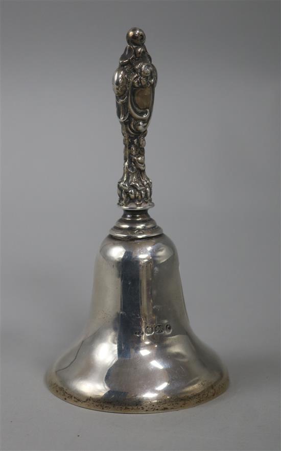 A late Victorian silver hand bell, James Deakin & Sons, Sheffield, 1897, 13cm.